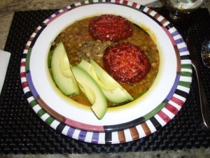 Lunch of ½ cup of cooked lentils (soaked before cooking) with 1 to 2 tablespoons of added organic cold pressed olive oil and garnished with fresh roasted tomatoe slices and avocado slices.  (see The Scepter Diet Volume IV Recipes)